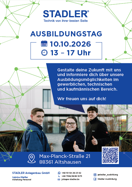 Werbung für den STADLER Ausbildungstag am 10.10.2026 von 13–17 Uhr in Altshausen.