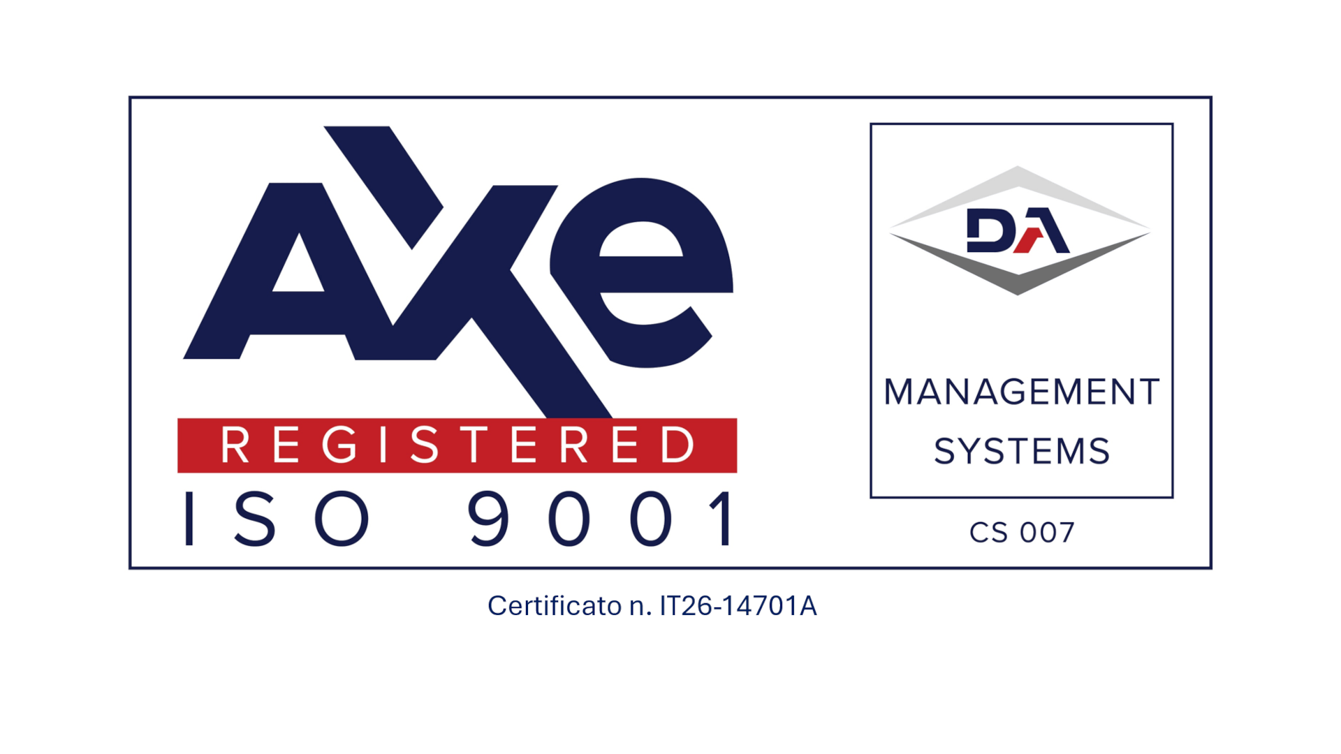 Logo della certificazione ISO 9001 di STADLER Italia, registrata da AXE con certificato n. IT26-14701A.